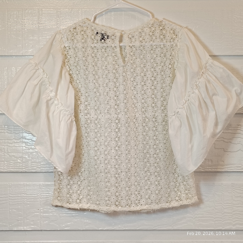 CROCHET LACE GERTIE TOP Perforated Bell Ruffle Sleeve White LG BOHO COTTAGE CORE - Picture 6 of 6